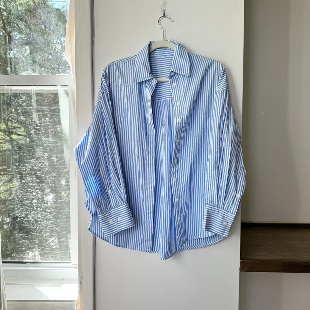 Daily Drills Poplin Button Down Top Blue White Stripe Oversized XS / S